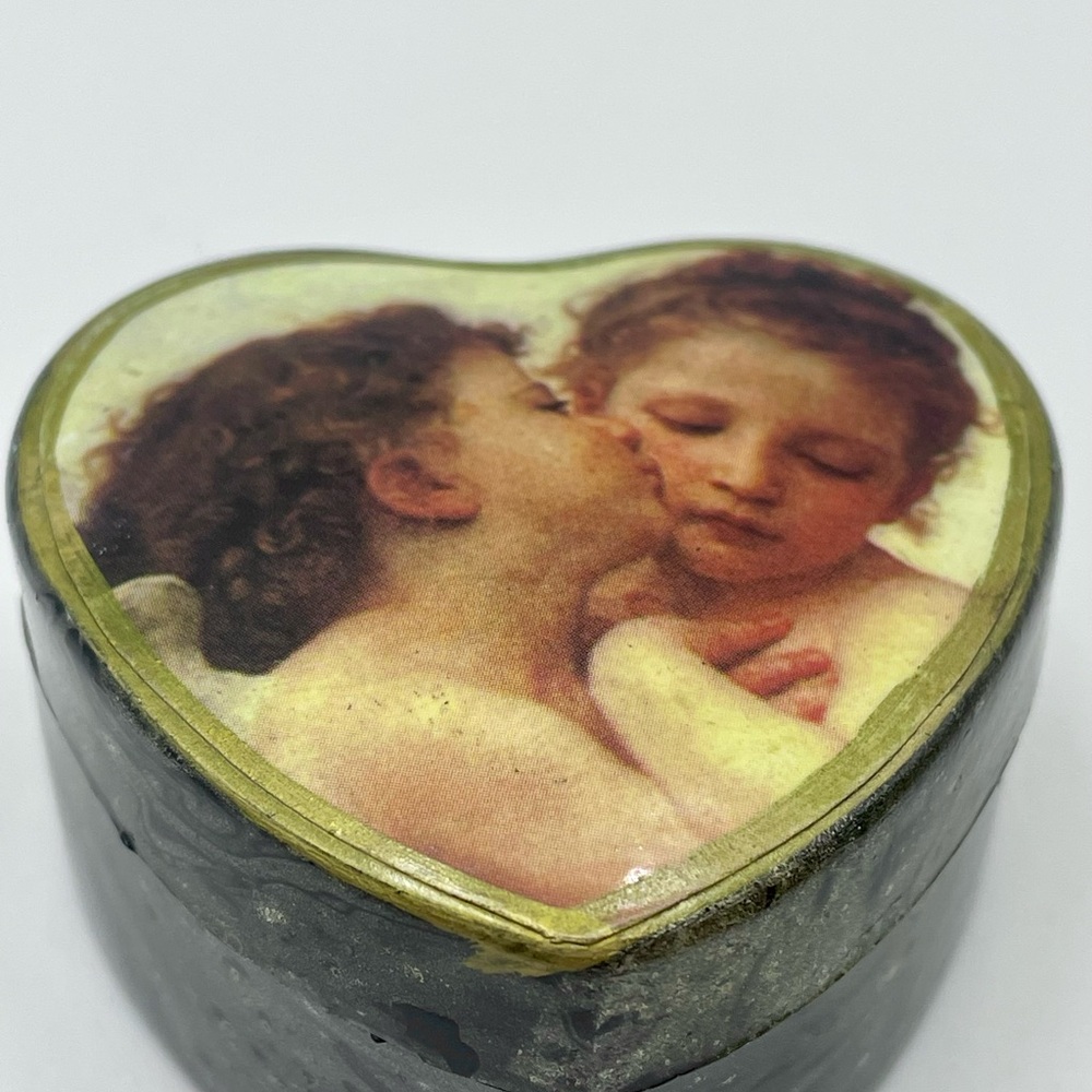 Collectible Lacquered Decoupage Heart-Shaped Trinket Box with 2 Cherubs Design